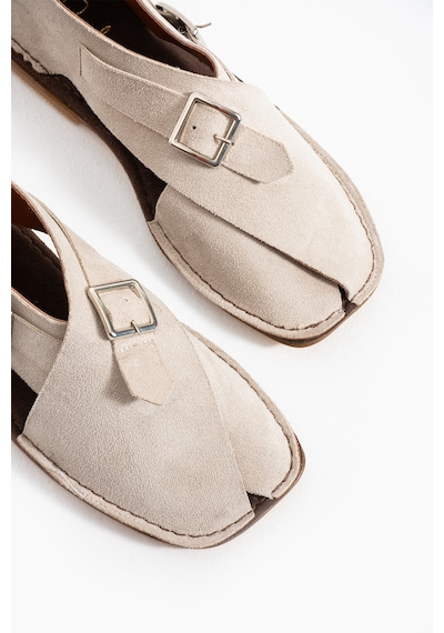 Duxal Shoes Cooper İçi Hakiki Deri Süet Kadın Sandalet Tokalı Günlük Rahat Ayakkabı - Babet Bej