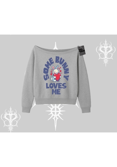 Startmore Kayık Yaka Sweatshirt Sevimli Tavşan Some Bunny Loves Me Baskılı Gri