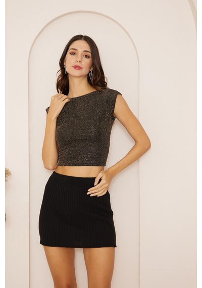 Darlin Moda Kadın Siyah Gold Simli Sırt Dekolteli Crop Bluz Dm8001 Siyah