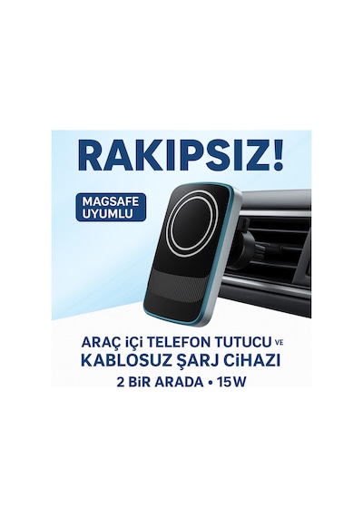 15w Magsafe Uyumlu Kablosuz Araç İçi Şarj Ve Telefon Tutucu 2'si 1 Arada, Hızlı Şarj, Izgara Tipi Siyah