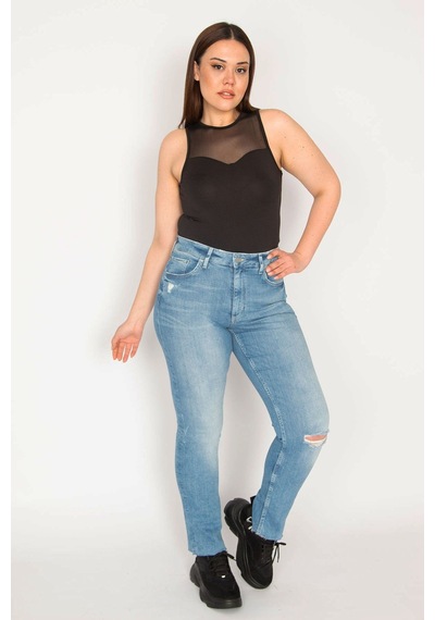 Şans Kadın Mavi Yırtık Detaylı Yıkama Skinny Jean Pantolon-mavi Mavi