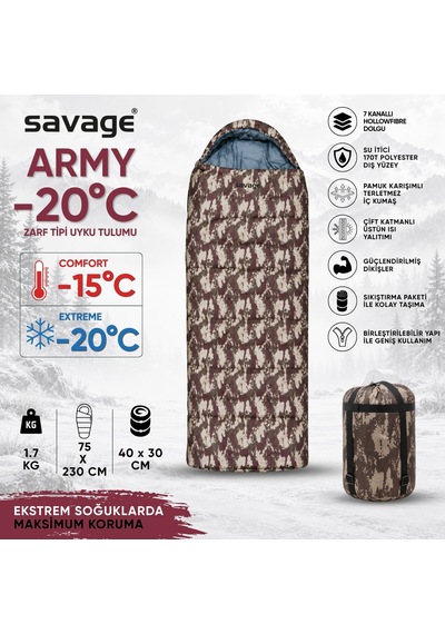 Kamp Uyku Tulumu - Army - Dijital Kamuflaj - Extreme -20c - Savage Ys-511 Çok Renkli