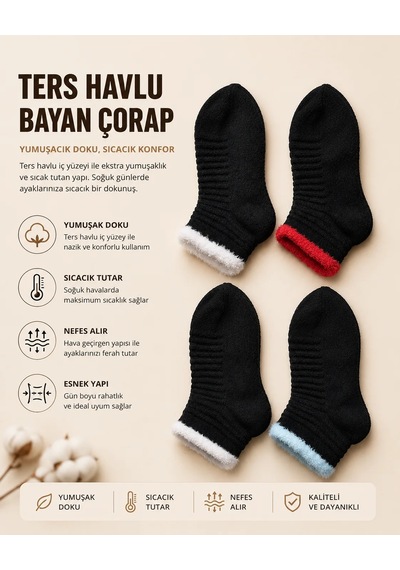 Efemicgiyimstore Bilek Kısmı Renkli Bayan Ters Havlu Kışlık Patik Çorap 12'li Paket Çok Renkli Efemicgiyimstore Bilek Kısmı Renkli Bayan Ters Havlu Kışlık Patik Çorap 12'li Paket Çok Renkli