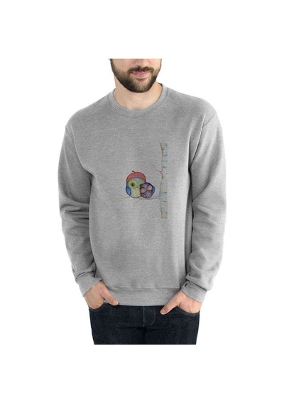 Ağaç Dal Üzerinde Baykuş Owl Moon Baskılı Gri Erkek Örme Sweat