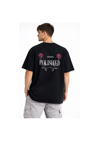 Erkek Bisiklet Yaka Baskılı Kısa Kollu Tişört Streetwear Günlük Basic Pamuklu T-shirt - Siyah Siyah