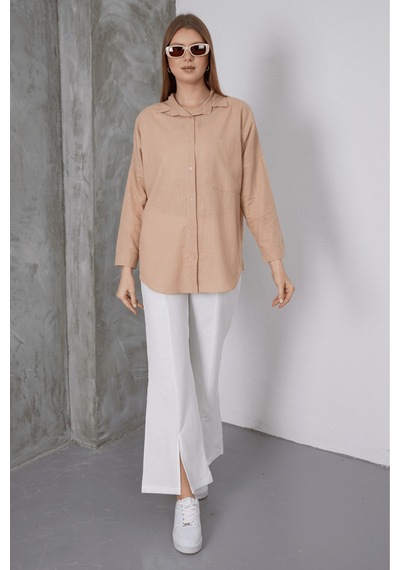 Paw Garage Kadın London Keten Tek Cepli Oversize Gömlek, Premium Kalite Keten Gömlek Açık Kahve