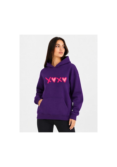 Herkesemoda Xoxo Baskılı Kapüşonlu 2 İplik Şardonlu Sweatshirt Mor