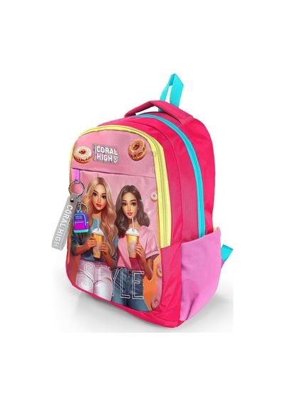 Kids Pembe Neon Mercan Fashion Girl Desenli Üç Bölmeli Okul Sırt Çantası 23669