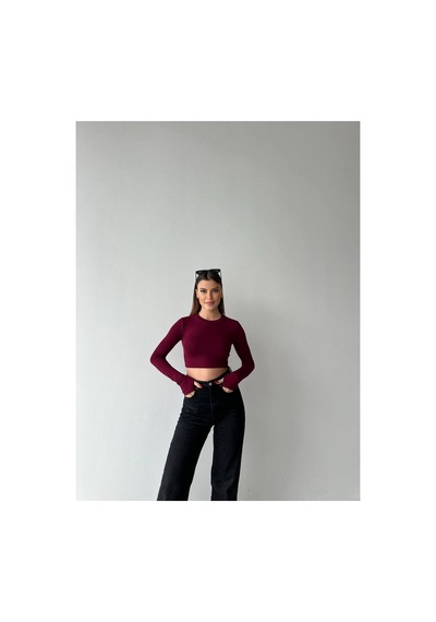 Asur Boutique Asur Butik Kadın Parmak Geçirme Detaylı Crop Bluz Bordo