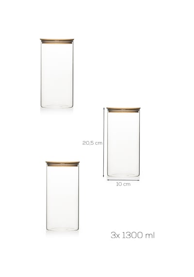 Porsima 2-3 Bambu Vakumlu Kapaklı Yuvarlak Borosilikat Cam 3lü Kavanoz Seti Saklama Kabı 1300ml 10x20cm