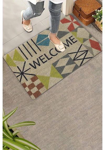 Valerine Life Rustik Geometrik Üçgen Çizgi Desenli Welcome Hoş Geldiniz Kapı Önü Paspası 45x70cm Kahverengi