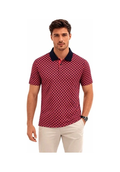 Defymoda Erkek Pike Kumaş Polo Yaka Desenli Tişört Kısa Kol Yazlık T-shirt - Kırmızı