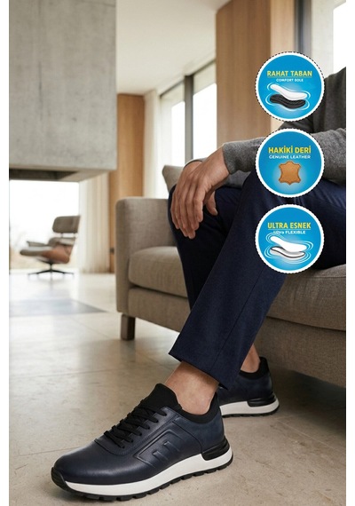 Voyager Erkek Lacivert Hakiki Deri Casual Ayakkabı Bağcıklı Rahat Konfor Tabanlı Sneaker M294 M