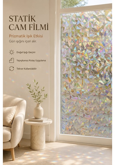 Deconitte Statik Cam Filmi Prizmatik Işık Etkisi 60x100cm Dekoratif Desenli Buzlu Cam Kaplama Pencere Folyosu