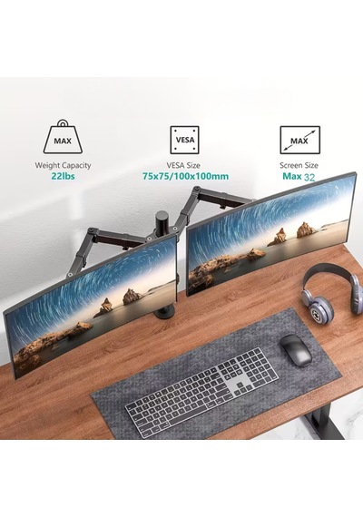 14-32 İnç Düz Kavisli Ekranlar İçin Çift Kol Monitör Standı Ayarlanabilir Yükseklik Eğim Lcd Led Tv