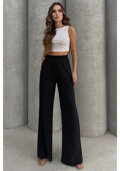 Lesa Wear Yumuşacık Yüksel Bel Geniş Paça Likralı Jarse Pantolon Flared Siyah
