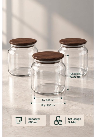 Nero Zone Bambu Kapaklı Cam Saklama Kabı 600 Ml 3'lü - Vakumlu Kiler Bakliyat Kavanoz Seti Ahşap - Şeffaf