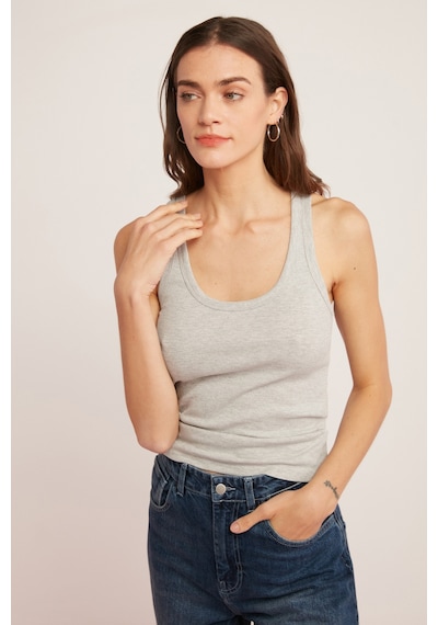 Ethıquet Lıllesol Kadın Fitilli Görünümlü Slim Fit Vücuda Oturan Havuz Yakalı Pamuklu Basic Gri Atle