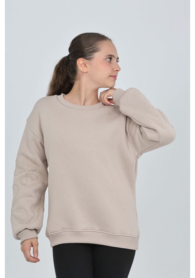 Toontoy Kız Çocuk Relax Fit Bisiklet Yaka Düşük Omuz Sweatshirt Bej