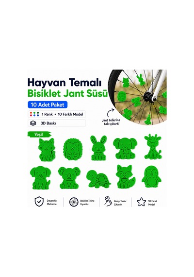 Hayvan Temalı Bisiklet Jant Süsü 20 Parça 2 Renk 10 Farklı Model Kırmızı-yeşil