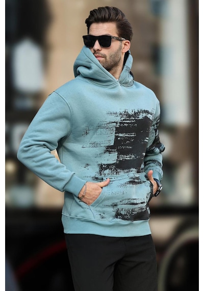 Madmext Mavi Kapüşonlu Desenli Cep Detaylı Erkek Sweatshirt 7059-mavi Mavi