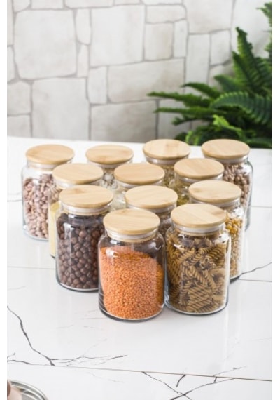 12 Li Set Bambu Kapaklı Cam Kavanoz & Erzak Saklama Kabı 800 Ml Orta Boy Vakum Kapak Diğer