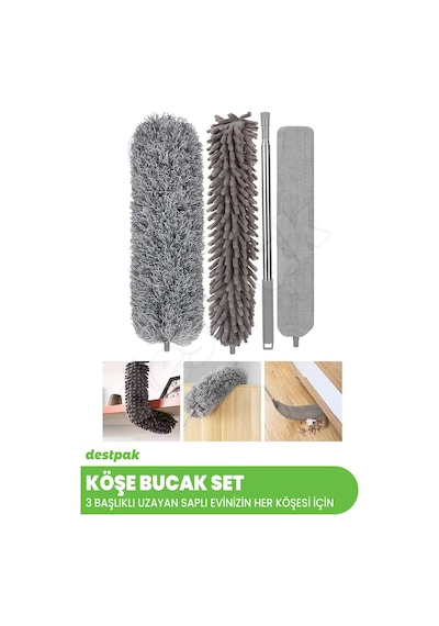 Köşe Bucak Set 3 Başlıklı Uzayabilen Saplı Mikrofiber 3'lü