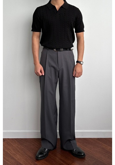 Erkek Fitilli Polo Yaka Triko T-shirt Siyah