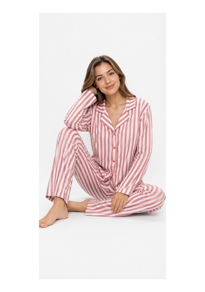 Sleeproom Kadın Süet Mevsimlik Uzun Kol Pudra Pembe Çizgi Desen Pijama Takımı