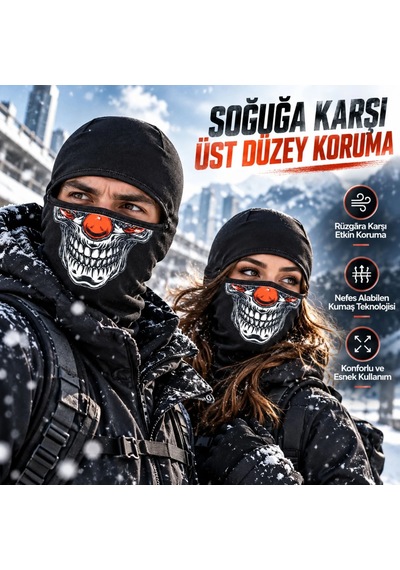 Teorastore Unisex Şık Palyaço Desenli Balaklava Kışlık Tam Yüz Maske Termal Nefes Alan Esnek Kask Altı Boyunluk Siyah