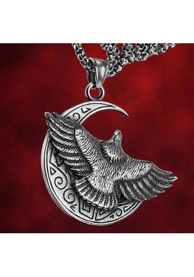 Gotik Stil Güç Sembolü Paslanmaz Çelik Kartal Figürlü Hilal Ay Erkek Kolye Metalik