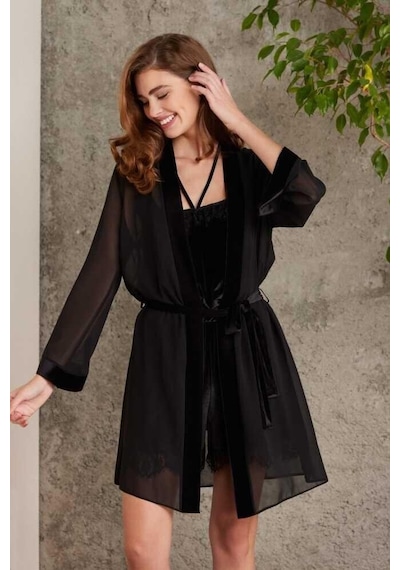 Pierre Cardin Dantelli Kadife Tulum Sabahlık Takım 4800 Siyah 001
