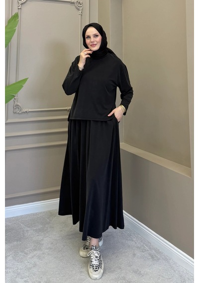 Balenbi Kadın Modal Kumaş Rahat Kalıp Lastikli Bel Etekli Tesettür Takım 1221 - Premium Seri Siyah Balenbi Kadın Modal Kumaş Rahat Kalıp Lastikli Bel Etekli Tesettür Takım 1221 - Premium Seri Siyah