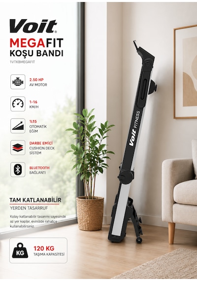 Voit Mega Fit Otomatik Eğimli 50x125 Cm Geniş Bant Koşu Bandı 16km Hız Bluetooth Uygulama Kurulum Gerektirmez