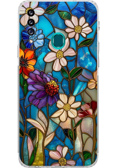 Printify Samsung Galaxy A20s İle Uyumlu Vitray Mavi Bahar Tasarımlı Şeffaf Silikon Kılıf Şeffaf
