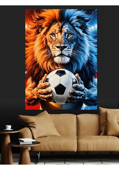 Ahşap Tablo Futbol Topu Tutan Aslan