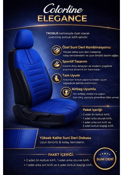 Hyundai Accent Era 2006-2011 Uyumlu Colorline Elegance Deri Mavi Siyah Koltuk Kılıfı