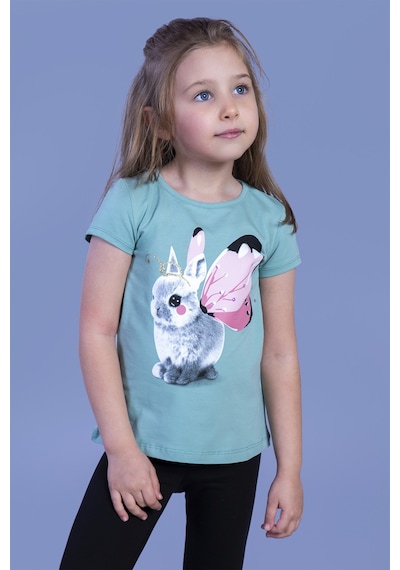 Toontoy Kids Toontoy Kız Çocuk Tavşan Baskılı Pul İşlemeli Tişört Yeşil