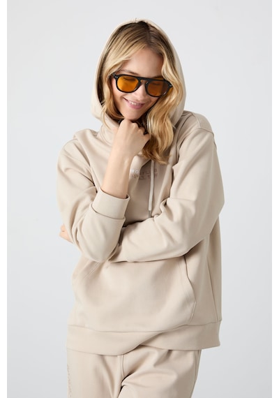 Tommy Life Bej Kapüşonlu Kanguru Cep Oversize Lastik Paça Kadın Eşofman Takımı - 95288 Bej
