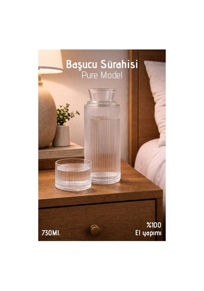El Yapımı Cam, Pure Modelli Başucu Sürahisi -730ml. Bardaklı Sürahi