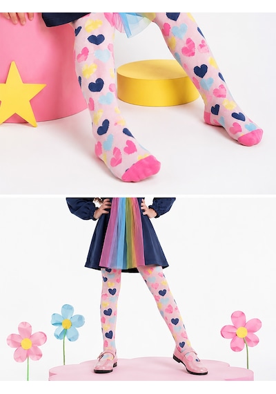Deno Kids Denokids Kız Çocuk Kalp Desenli Kalın Külotlu Çorap Pembe Eğlenceli Tasarım 2-9 Yaş Renkli