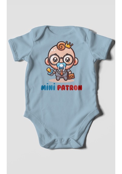 Mini Patron Baskılı Bebek Zıbını Çıtçıtlı Body %100 Pamuk Kısa Kol Bebe Mavisi