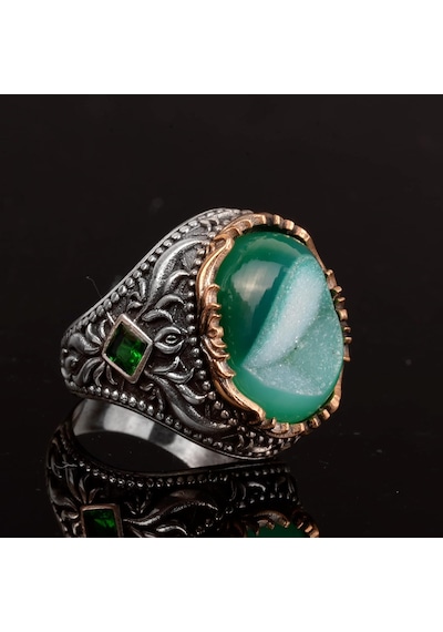 Vintage Erkek 925 Ayar Gümüş Yüzük, Doğal Druzy Kuvars Taş Gümüş