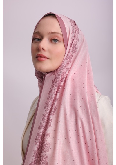 Ayshara Dantel Puan Desenli Tek Taraflı Şal - Pembe