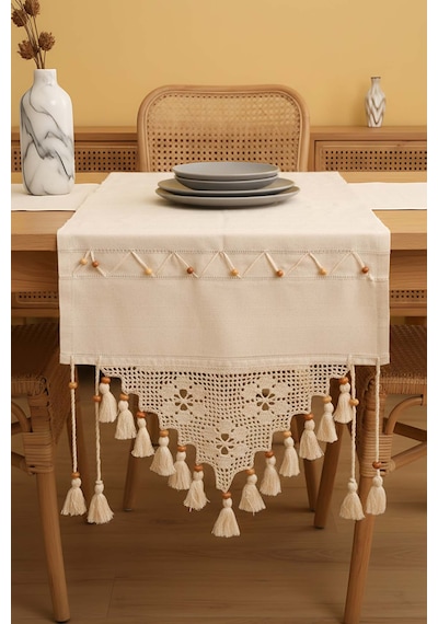 Dantel İşlemeli Boncuklu Runner 50x130 Cm Krem