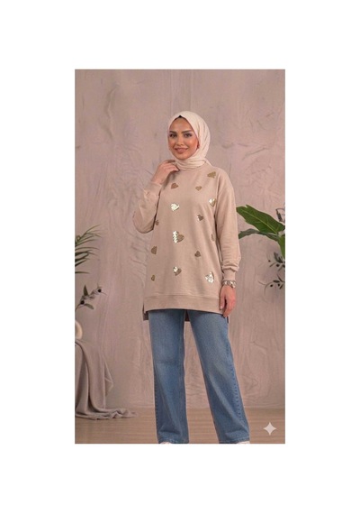 Peka Kadın Pul İşlemeli Kalp Desenli Tesettür Tunik Sweatshirt Bej Bej