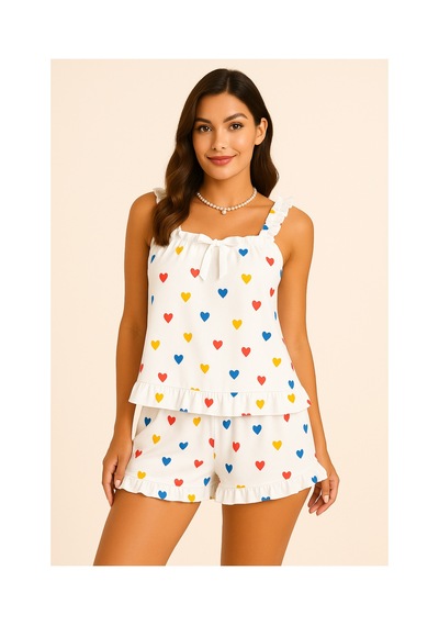 Kalp Baskılı Yumuşak Dokulu İp Askılı Şortlu Örme Pijama Takımı- 17952 A.GÜL KURUSU