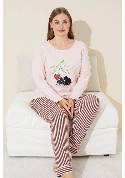 Siyah İnci Pamuklu Curve Büyük Beden Battal Boy Örme Pijama Takım 24240672 Somon