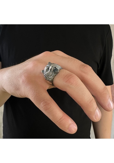 Takılingo 925 Ayar Gümüş 3d Kurt Motifli Eskitme Model Usta İşi Erkek Yüzük Gümüş