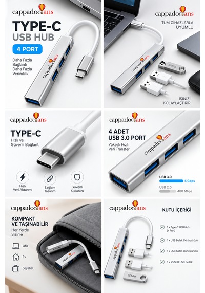 Veri Aktarıcı, Aktarım, Çevirici, Usb Çoklayıcı - Type C - 4 Port Klavye Mouse Uyumlu Usb Hub